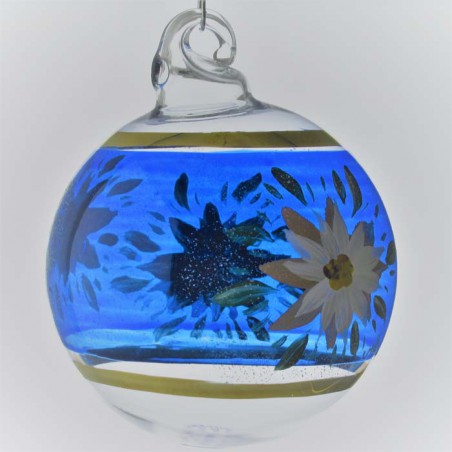 Glaskugel 060 mm Blau  Kugel mit Edelweiss blau und Goldrand zum hängen