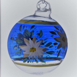 Glaskugel 060 mm Blau  Kugel mit Edelweiss blau und Goldrand zum hängen