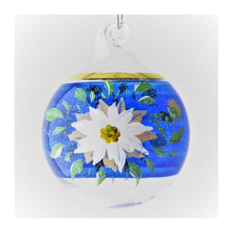 Glaskugel 040 mm Blau mit Edelweiss und Goldrand zum hängen