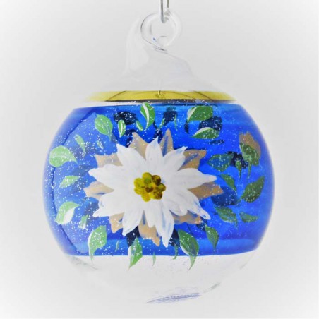Glaskugel 040 mm Blau mit Edelweiss und Goldrand zum hängen