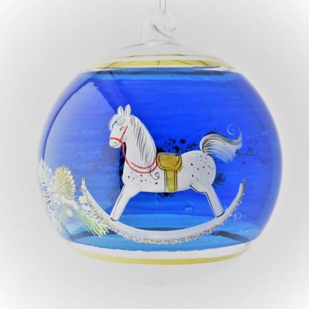 Glaskugel 080mm Blau Schaukelpferd Weihnacht mit Goldrand Kugel zum hängen