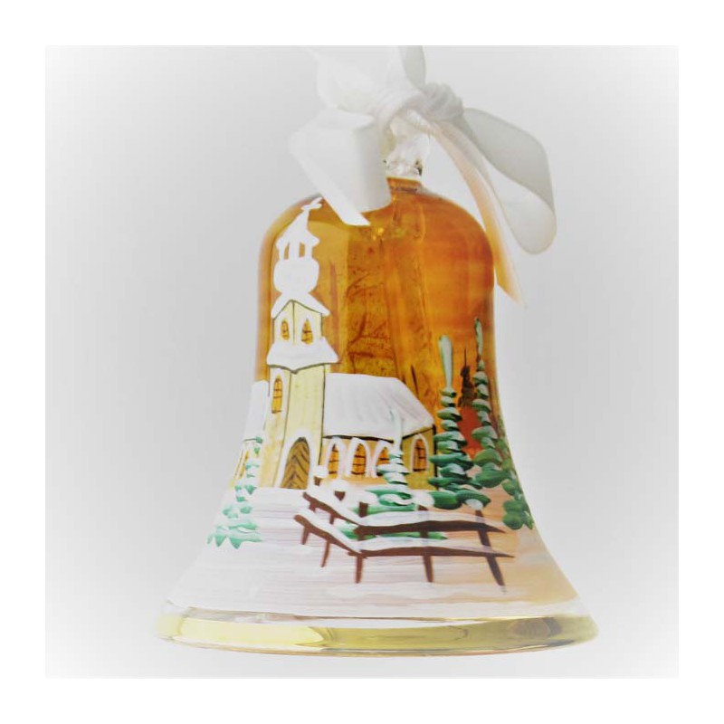 Glasglocke 060 mm Gelb Winterlandschaft mit Goldrand zum hängen