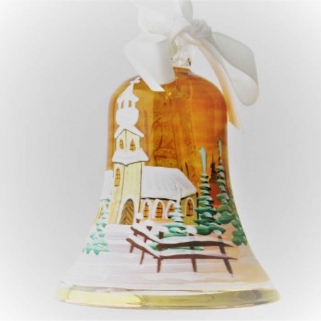 Glasglocke 060 mm Gelb Winterlandschaft mit Goldrand zum hängen