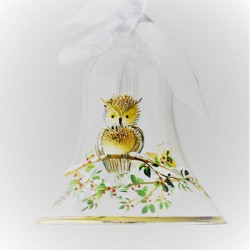 Glasglocke 080 mm braune Eule mit Goldrand zum hängen