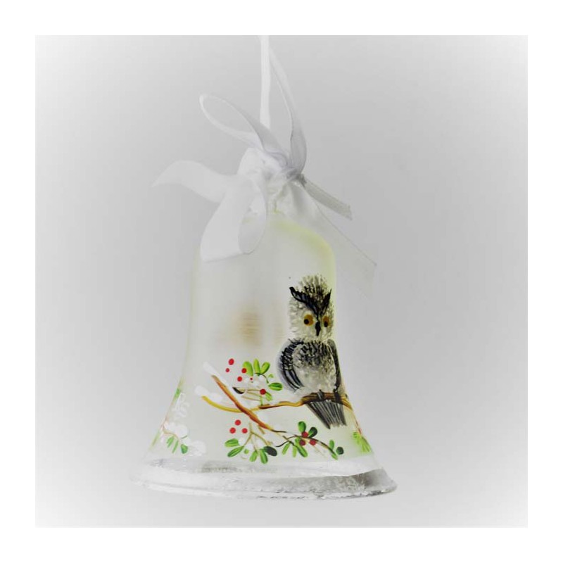 Glasglocke 060 mm  Schneeeule mit Silberrand zum hängen