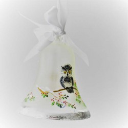 Glasglocke 080 mm  Schneeeule mit Silberrand zum hängen