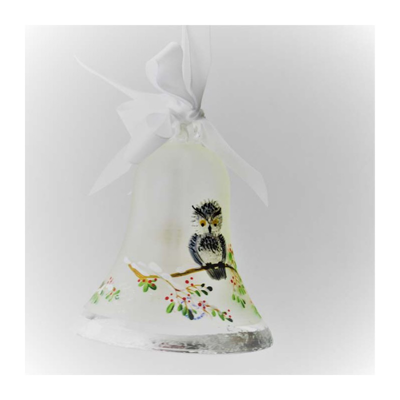 Glasglocke 080 mm  Schneeeule mit Silberrand zum hängen