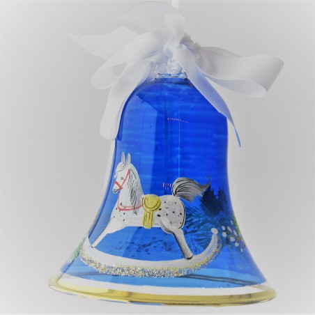Glasglocke 100mm Blau Schaukelpferd Weihnacht mit Goldrand zum haengen