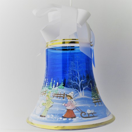 Glasglocke 180 mm Blau Winterlandschaft  mit Kind zum hängen