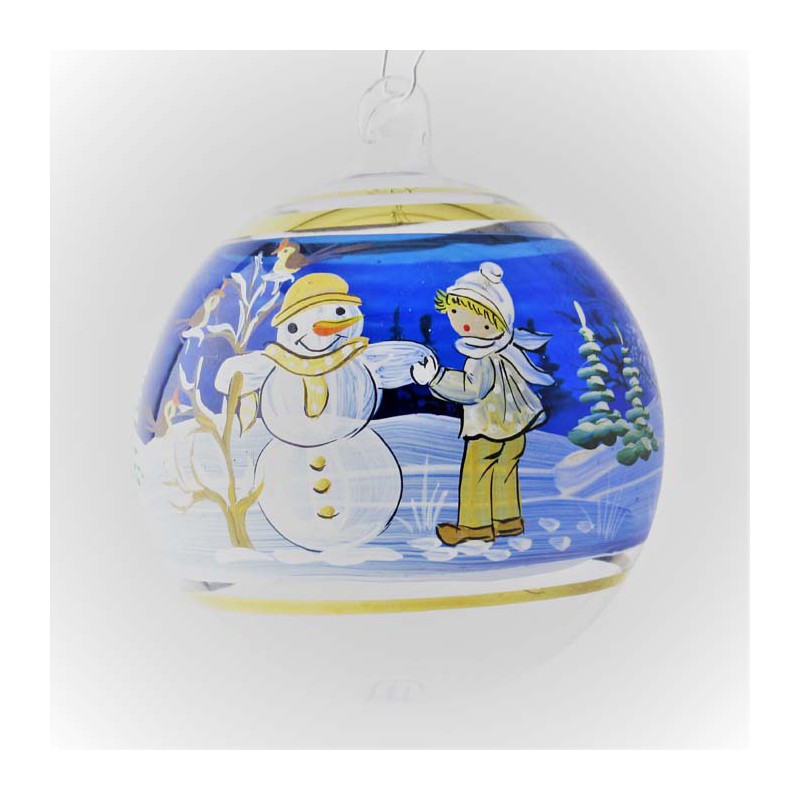 Glaskugel 080 mm Blau Winterlandschaft mit Goldrand zum hängen