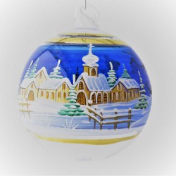 Glaskugel 080 mm Blau Winterlandschaft mit Goldrand zum hängen