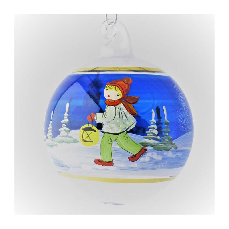 Glaskugel 060 mm Blau Winterlandschaft mit Goldrand zum hängen
