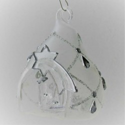 Glas Krippe 80mm im Glastropfen, klar-gefrostet, Silbers, zum hängen und stellen