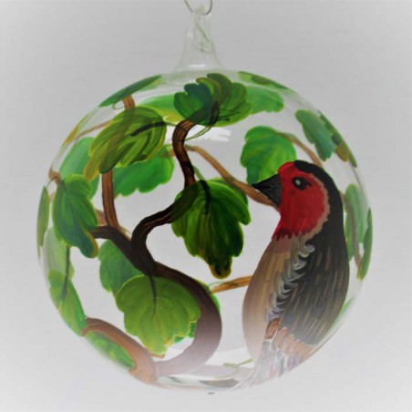 Glaskugel 100 mm Glaskugel Rotkehlchen  mit Blätter, zum hängen