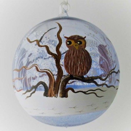 Glaskugel 120 mm Eule klar Winterlandschaft, zum hängen