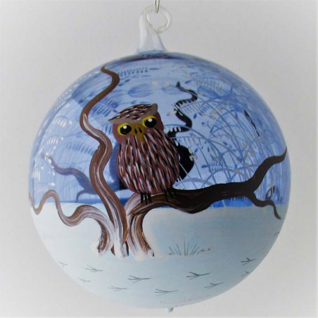 Glaskugel 100 mm Eule klar Winterlandschaft, zum hängen