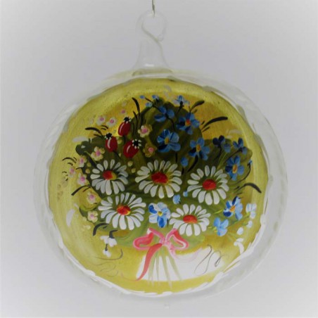 Glaskugel 100 mm Blumenstrauss auf Gold klar, zum hängen