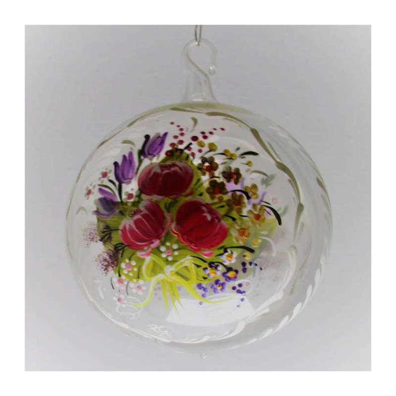 Glaskugel 100 mm Barock Blumenstrauss klar, zum hängen