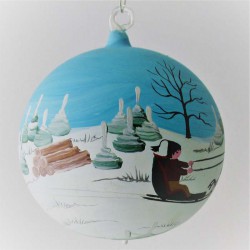 Glaskugel 100 mm Winterlandschaft mit Pferd mit Schlitten, zum hängen