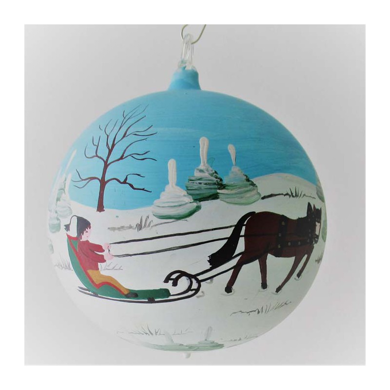 Glaskugel 100 mm Winterlandschaft mit Pferd mit Schlitten, zum hängen