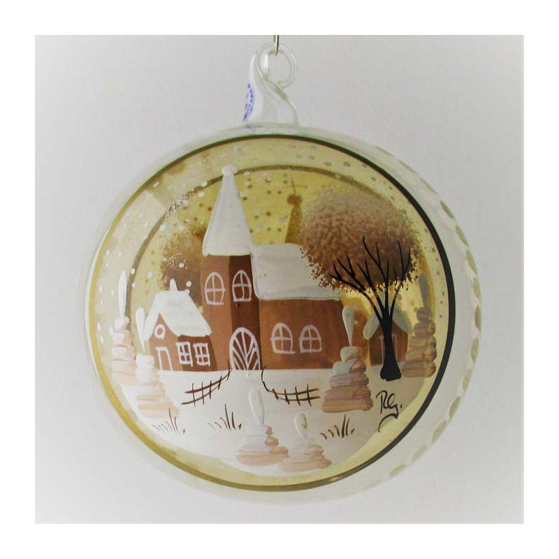 Glaskugel 100 mm Winterlandschaft mit Spitzkelche, zum hängen