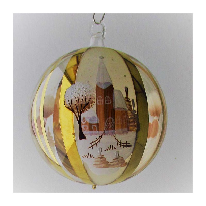 Glaskugel 080 mm Winterlandschaft mit Spitzkelche und Gold, zum hängen