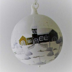 Glaskugel 080 mm Winterlandschaft mit Spitz Kirche, zum hängen