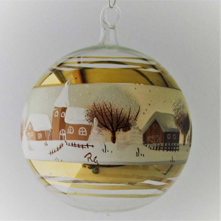 Glaskugel 100 mm Winterlandschaft Goldrand  mit Barockkirche, zum hängen