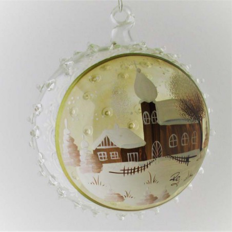 Glaskugel 100 mm Winterlandschaft Goldrand  mit Barockkirche, zum hängen