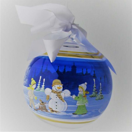 Glaskugel 120 mm Blau Winterlandschaft mit Kinder und Goldrand zum hängen