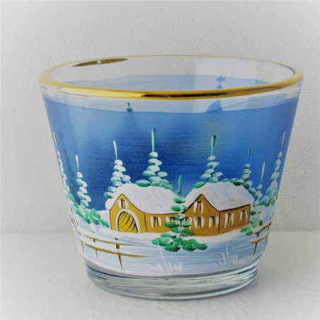 Glas Windlicht 75mm konisch Winter Kirche hellblau geeist