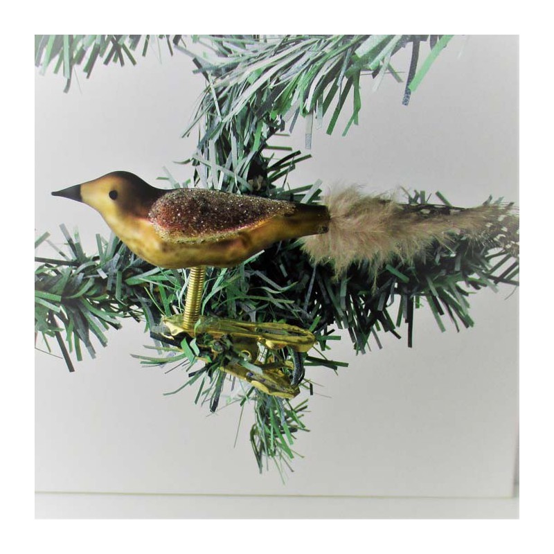 Glasvogel, mini-Vogel, bronzegold-braun,  mit Naturfedern