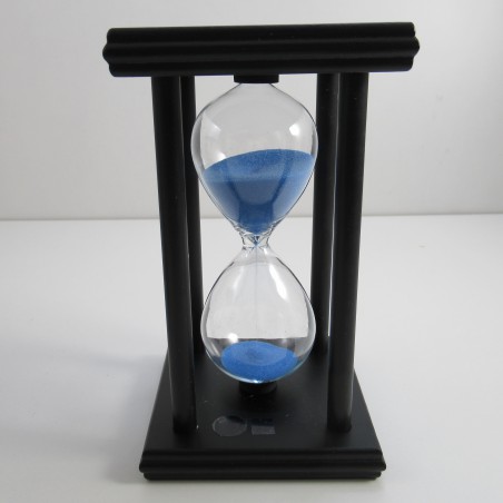 Sanduhr 15 Min. 14 cm Blau, Holzgestell  schwarz viereckig mit 4 Saeulen