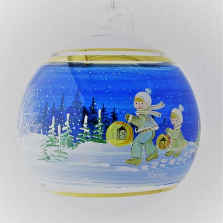 Glaskugel 100 mm Blau Winterlandschaft mit Goldrand zum hängen