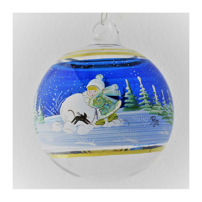 Glaskugel 080 mm Blau Winterlandschaft mit Goldrand zum hängen