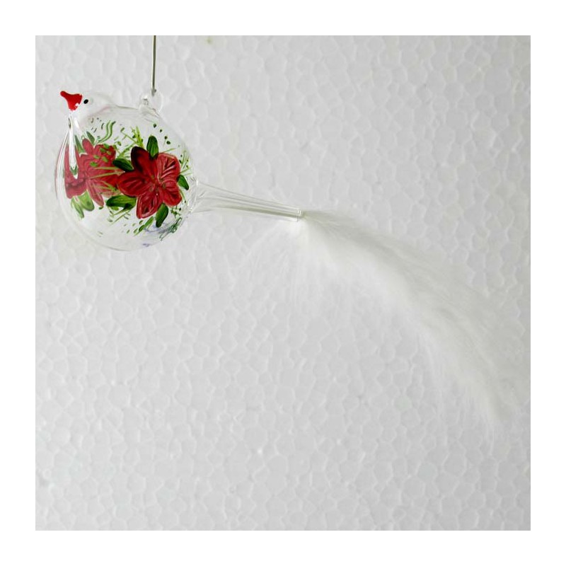 Glas Vogl 60/120 mm  Weihnachtsstern klar weisse Feder mit Feder zum haengen