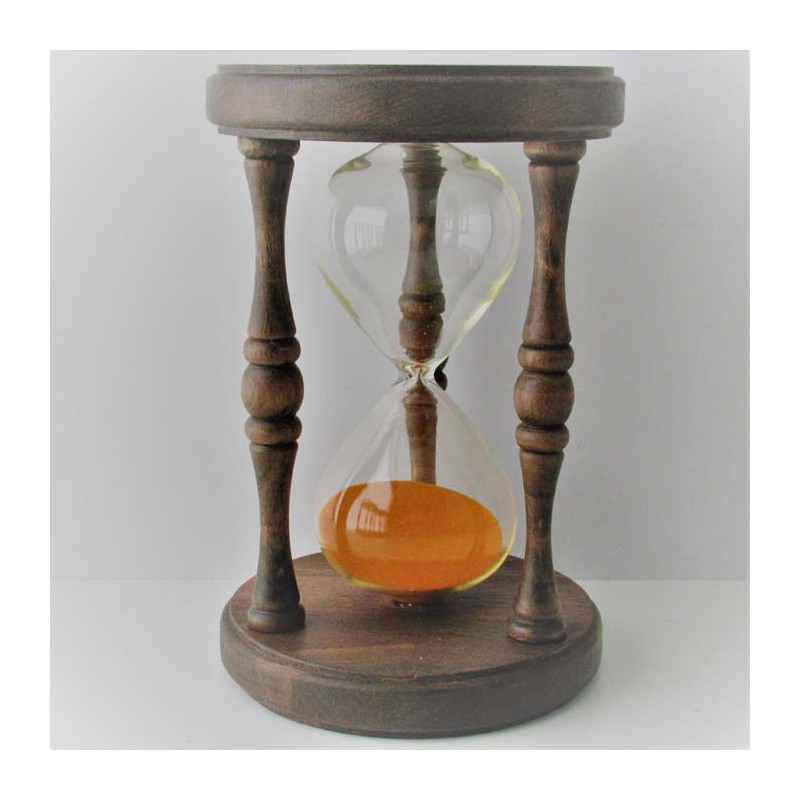 Sanduhr 10 min. 17 cm Orange, im Holzgestell gebeizt Nussbaum dunkel rund mit gedrechselten Säulen