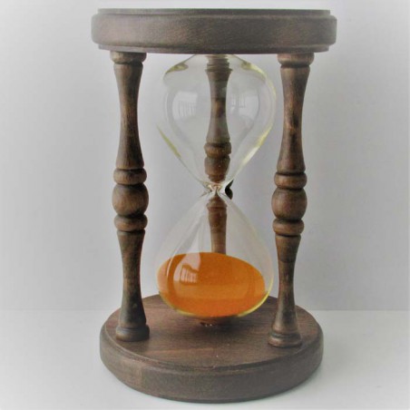Sanduhr 10 min. 17 cm Orange, im Holzgestell gebeizt Nussbaum dunkel rund mit gedrechselten Säulen