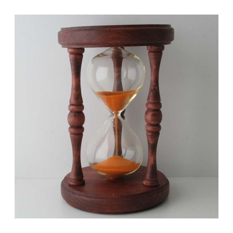 Sanduhr 10 min. 17 cm Orange, im Holzgestell Buche gebeizt Mahagoni rot rund mit gedrechselten Säulen