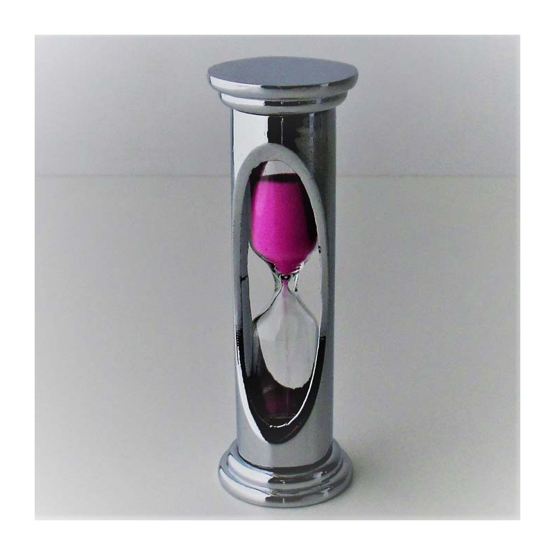 Sanduhr 3 min. 8.5 cm Rosa, zylindrisch im Metallgestell versilbert