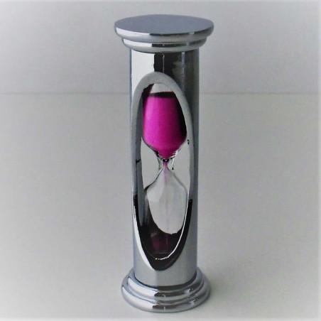 Sanduhr 3 min. 8.5 cm Rosa, zylindrisch im Metallgestell versilbert