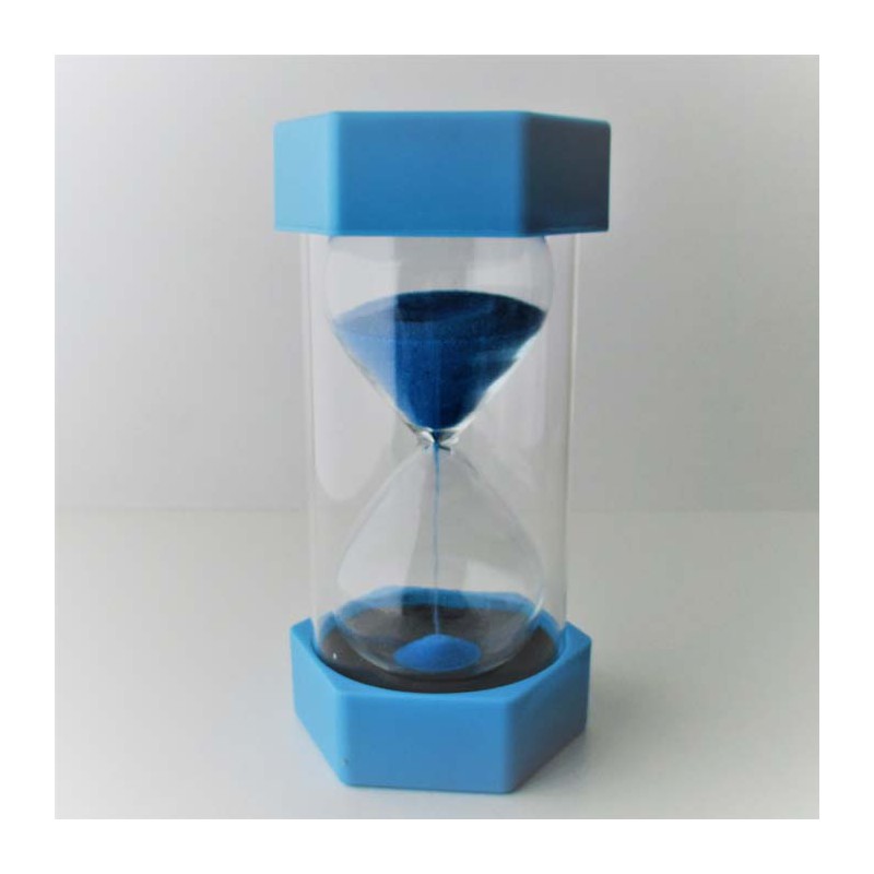 Sanduhr 60 Min. 16 cm Hellblau, gross Glas im Kunststoff sechseckig rund