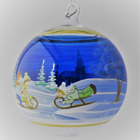 Glaskugel 120 mm Blau Winterlandschaft mit Kinder und Goldrand zum hängen