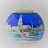 Glaskugel 120 mm Blau Winterlandschaft mit Kinder und Goldrand zum hängen