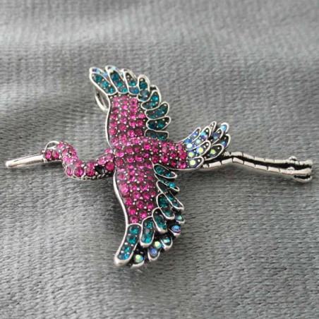 Brosche - Anhänger Kranich rosa Strass versilbert