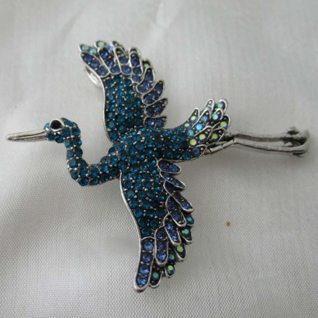 Brosche - Anhänger Kranich blau Strass versilbert