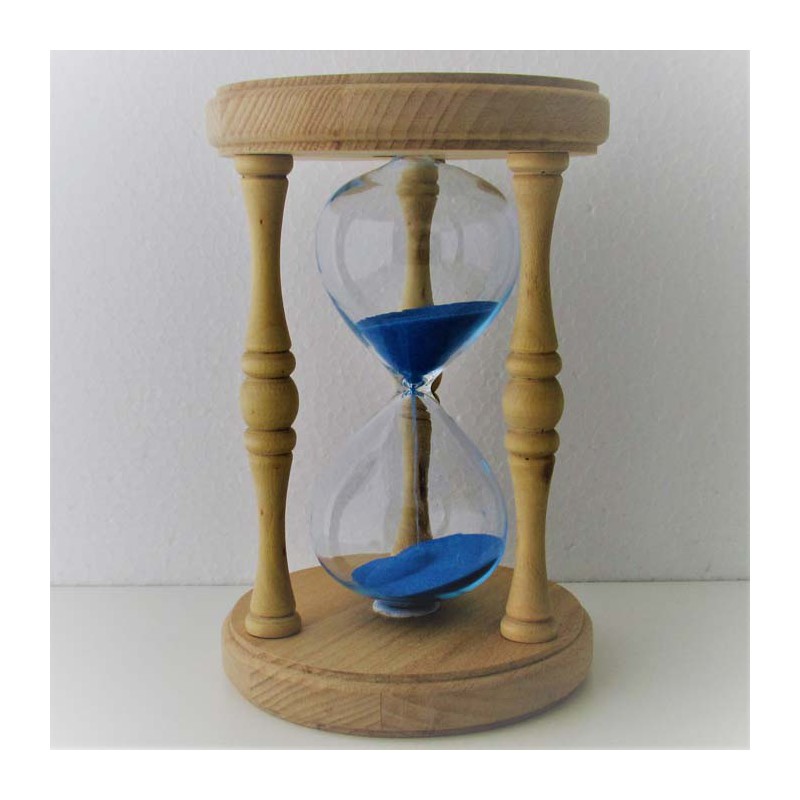 Sanduhr 60 min.17 cm Hellblau, im Holzgestell Buche rund mit gedrechselten Säulen