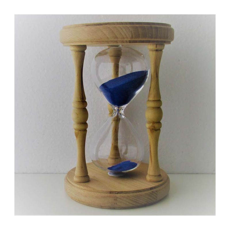 Sanduhr 60 min.17 cm Blau, im Holzgestell Buche rund mit gedrechselten Säulen