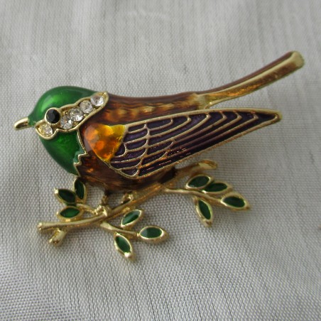 Brosche Vogel emaile grün mit Strass vergoldet