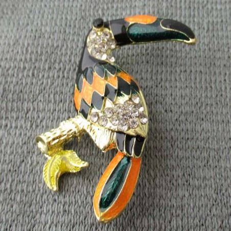 Brosche Tukan Emaile bunt Zinklegierung, plattiert mit Strass